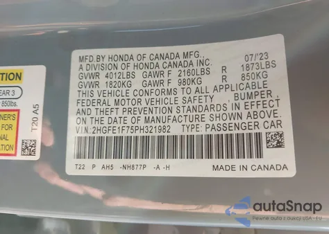 2023 Honda Civic Ex /Ex W/O Bsi из США, поврежденный, VIN 2HGFE1F75PH321982